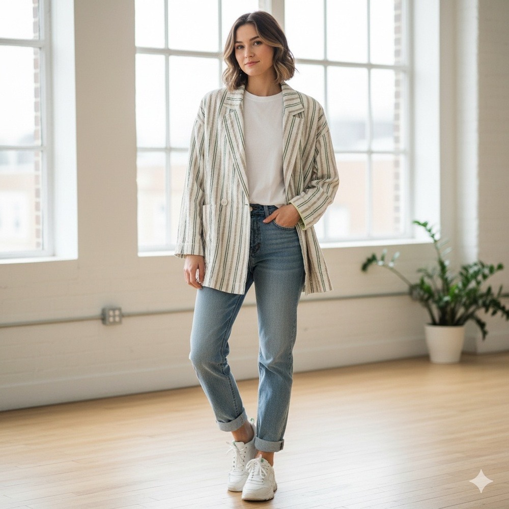 Anthropologie Maeve Danielle Striped Double Breasted Blazer XS‎ Tan Oversized